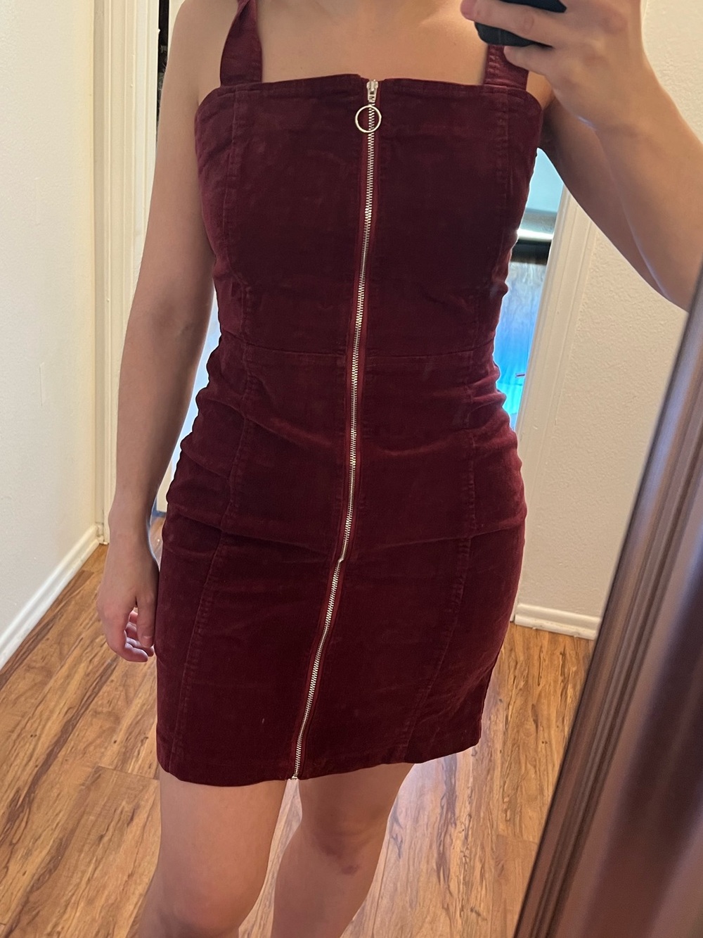 Burgundy Corduroy Zip-Front Mini Dress